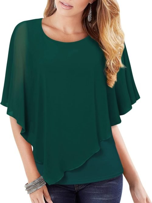 Women's Lightweight Flowy Shirt Double-Layered Printed Chiffon Poncho Blouse Top