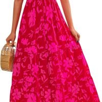 Women's Summer Casual Flutter Short Sleeve Boho Floral Maxi Dress Crew Neck Smocked Tiered Long Dresses, X-rose Red, Large