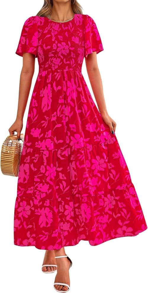 Women's Summer Casual Flutter Short Sleeve Boho Floral Maxi Dress Crew Neck Smocked Tiered Long Dresses, X-rose Red, Large
