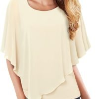 Women's Lightweight Flowy Shirt Double-Layered Printed Chiffon Poncho Blouse Top