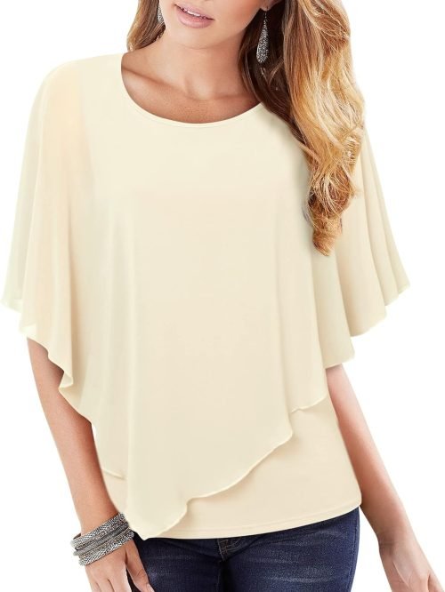Women's Lightweight Flowy Shirt Double-Layered Printed Chiffon Poncho Blouse Top