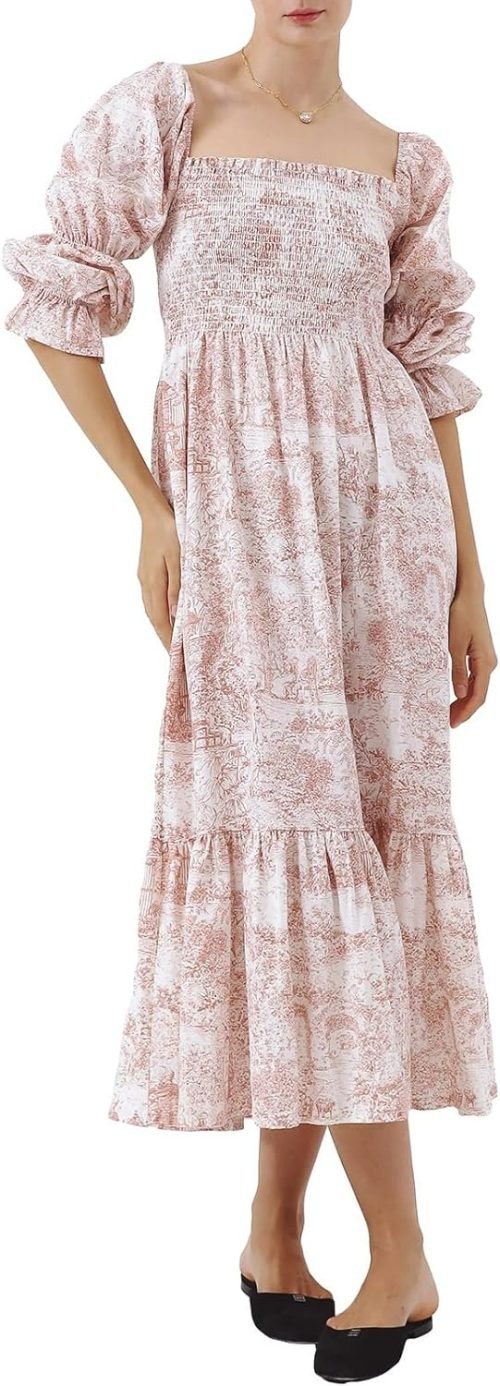 Women’s Floral Smocked Maxi Dress Boho Puff Sleeve Sweetheart A-Line Flowy Long Dresses Y2K Swing Beach Sundress