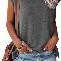 Womens Summer Short Cap Sleeve Shirts Solid Loose Fit Pocket Tunic Tops