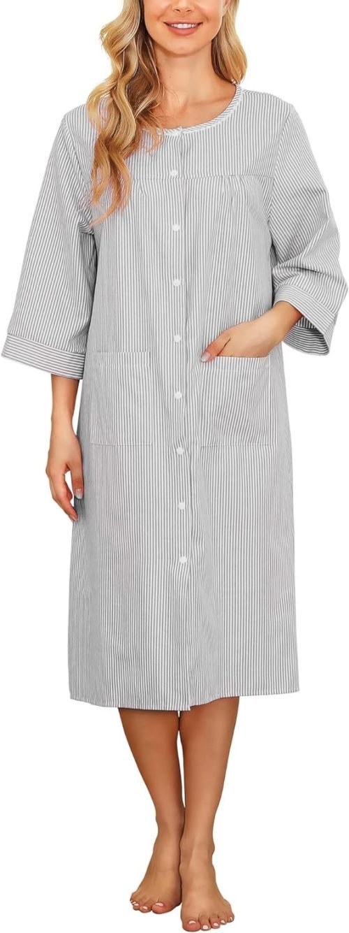 Women House Dress Snap Front Nightgown 3/4 Sleeve Housecoat Duster Robe with Pockets Moomoo Patio Dress