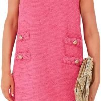 Women's Tweed Jackie Dress Crew Neck Sleeveless Elegant Vintage Button Bodycon A-line Mini Dresses