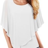 Women's Lightweight Flowy Shirt Double-Layered Printed Chiffon Poncho Blouse Top