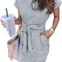 Women's Summer Striped Short Sleeve T Shirt Dress Casual Tie Waist with Pockets