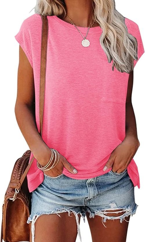 Womens Summer Short Cap Sleeve Shirts Solid Loose Fit Pocket Tunic Tops