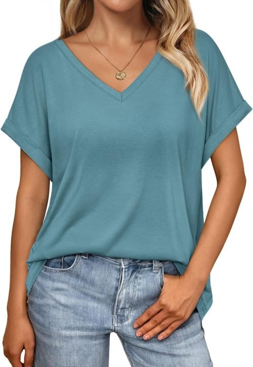 Women's Oversized Short Sleeve Tshirts Casual V Neck Summer Tops Loose Fit 2024 Work Shirts