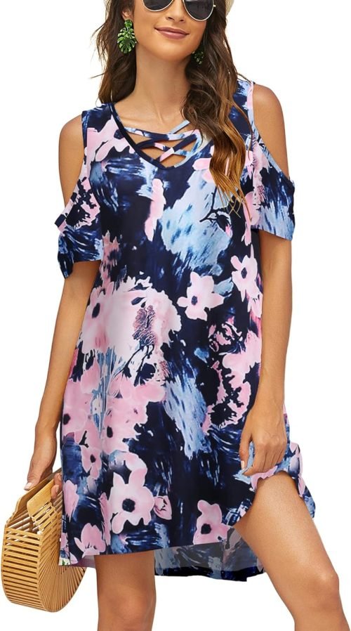 Women Summer Cold Shoulder Criss Cross Neckline Short Sleeve Casual Tunic Top Dress (S-3XL)