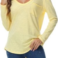 Women's Oversized T Shirts Fashion Long Sleeve Scoop Neck Top Shirts Loose fit Comfy Tees with Pockets