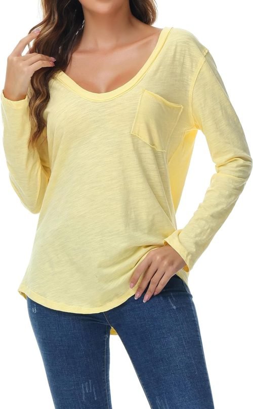Women's Oversized T Shirts Fashion Long Sleeve Scoop Neck Top Shirts Loose fit Comfy Tees with Pockets