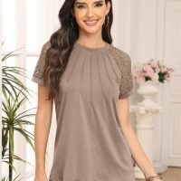 Womens Tshirts Trendy Fashion Tops Lace Short Sleeve Business Tee Shirts Casual Knitted Blouses Summer Outfits 2024