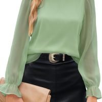 Womens Blouses Trendy Dressy Casual Tops Elegant Puff Long Sleeve Shirts Ruffle Mock Neck Plain Chiffon Outfits