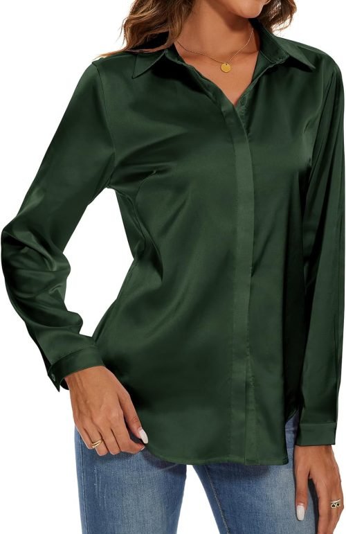 Women's Silk Blouse Long Sleeve Lady Shirt Casual Office Work Blouse Shirt Tops