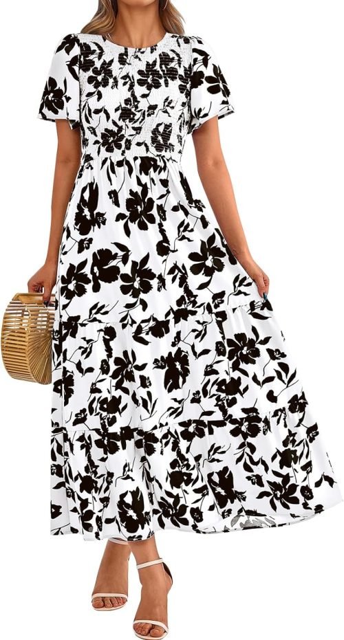 Women's Summer Casual Flutter Short Sleeve Boho Floral Maxi Dress Crew Neck Smocked Tiered Long Dresses, X-rose Red, Large