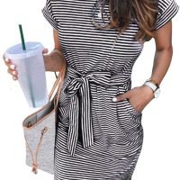Women's Summer Striped Short Sleeve T Shirt Dress Casual Tie Waist with Pockets