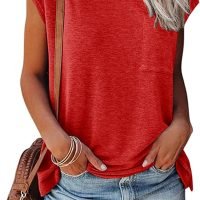 Womens Summer Short Cap Sleeve Shirts Solid Loose Fit Pocket Tunic Tops