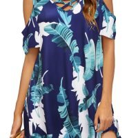 Women Summer Cold Shoulder Criss Cross Neckline Short Sleeve Casual Tunic Top Dress (S-3XL)