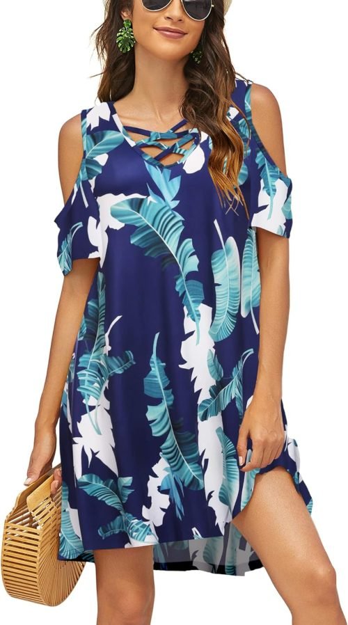 Women Summer Cold Shoulder Criss Cross Neckline Short Sleeve Casual Tunic Top Dress (S-3XL)