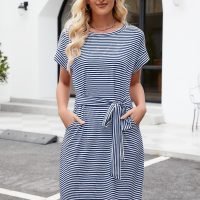 Women's Summer Striped Short Sleeve T Shirt Dress Casual Tie Waist with Pockets