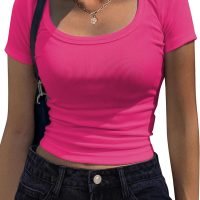 Women's Short Sleeve T Shirts Casual Summer Basic Scoop Neck Slim Fit Rib Knit Business Work Tee Tops