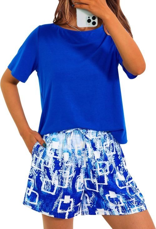 Womens 2 Piece Summer Short Sleeve Tops Printed Shorts Tracksuit