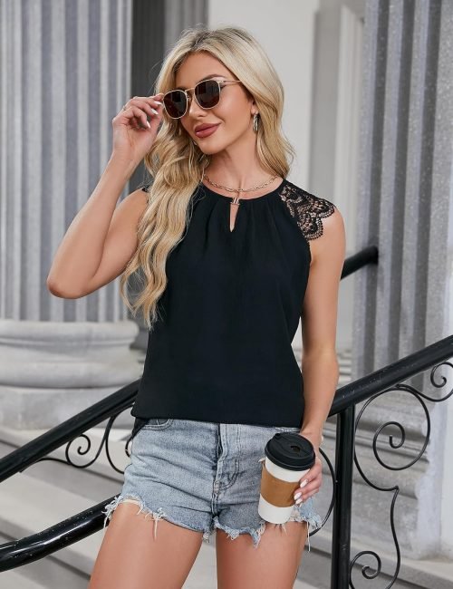 Women's Dressy Casual Blouses Business Work Outfits Summer Sleeveless Tank Top Lace Sleeve Keyhole Shirts