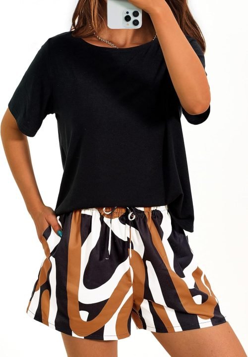 Womens 2 Piece Summer Short Sleeve Tops Printed Shorts Tracksuit