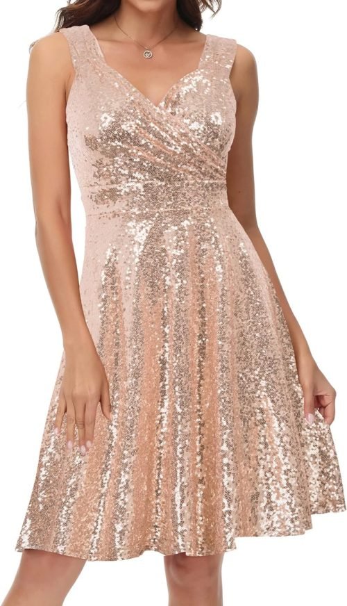 Women's Sequin Party Dress Wrap Night Out Club Dresses Rose Gold Size M