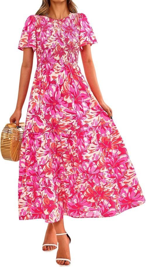 Women's Summer Casual Flutter Short Sleeve Boho Floral Maxi Dress Crew Neck Smocked Tiered Long Dresses, X-rose Red, Large