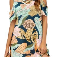 Women Summer Cold Shoulder Criss Cross Neckline Short Sleeve Casual Tunic Top Dress (S-3XL)