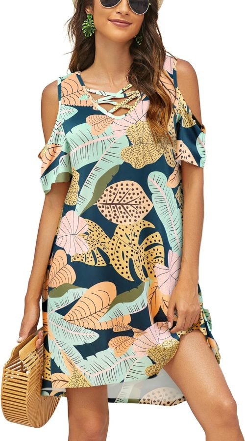 Women Summer Cold Shoulder Criss Cross Neckline Short Sleeve Casual Tunic Top Dress (S-3XL)