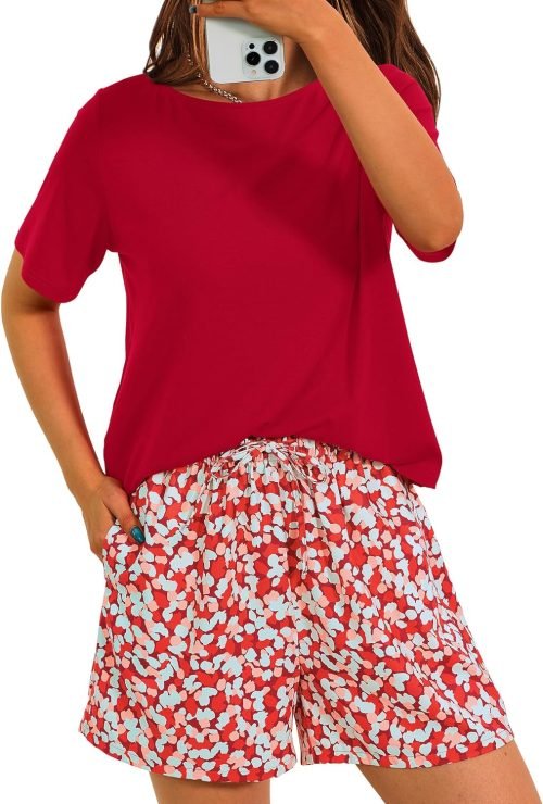 Womens 2 Piece Summer Short Sleeve Tops Printed Shorts Tracksuit