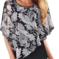 Women's Lightweight Flowy Shirt Double-Layered Printed Chiffon Poncho Blouse Top
