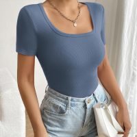 Women's Short Sleeve T Shirts Casual Summer Basic Scoop Neck Slim Fit Rib Knit Business Work Tee Tops