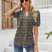 Womens V Neck Puff Short Sleeve Pleated T Shirts Fashion Summer Tops Casual Tunic Blouse, Floral Black, Medium