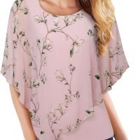 Women's Lightweight Flowy Shirt Double-Layered Printed Chiffon Poncho Blouse Top