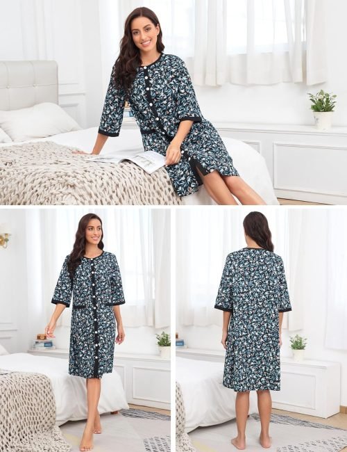 Women House Dress Snap Front Nightgown 3/4 Sleeve Housecoat Duster Robe with Pockets Moomoo Patio Dress