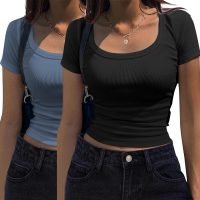 Women's Short Sleeve T Shirts Casual Summer Basic Scoop Neck Slim Fit Rib Knit Business Work Tee Tops