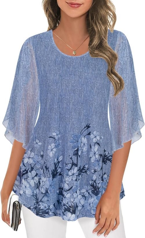 Women's Tops 3/4 Sleeve Blouses Dressy Casual Double Layers Mesh Tunic Shirts