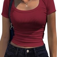 Women's Short Sleeve T Shirts Casual Summer Basic Scoop Neck Slim Fit Rib Knit Business Work Tee Tops