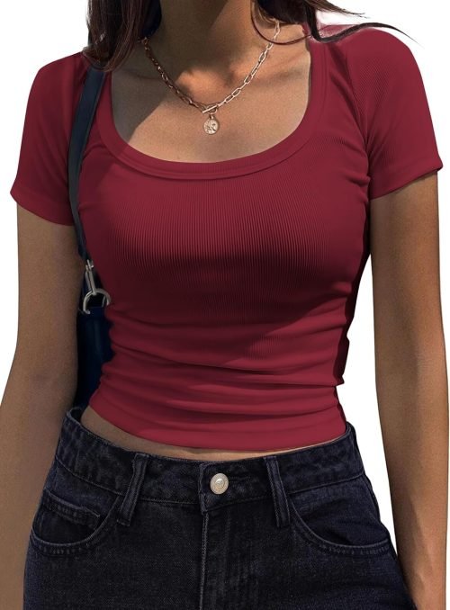 Women's Short Sleeve T Shirts Casual Summer Basic Scoop Neck Slim Fit Rib Knit Business Work Tee Tops