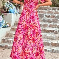 Women's Summer Casual Flutter Short Sleeve Boho Floral Maxi Dress Crew Neck Smocked Tiered Long Dresses, X-rose Red, Large