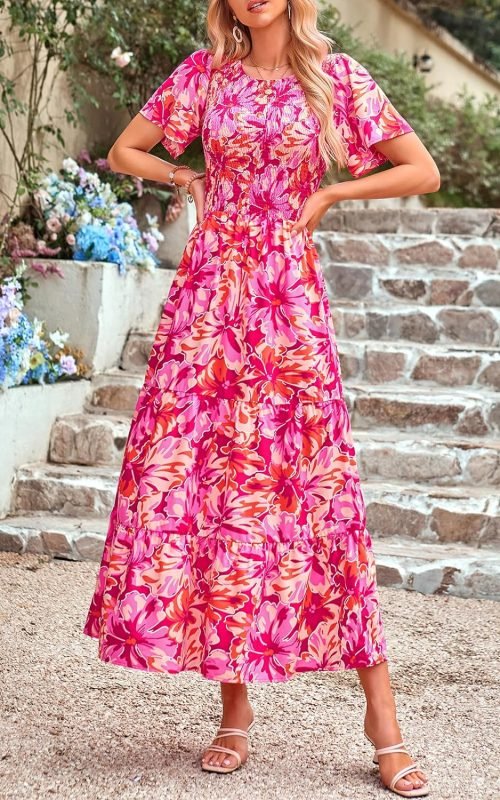 Women's Summer Casual Flutter Short Sleeve Boho Floral Maxi Dress Crew Neck Smocked Tiered Long Dresses, X-rose Red, Large