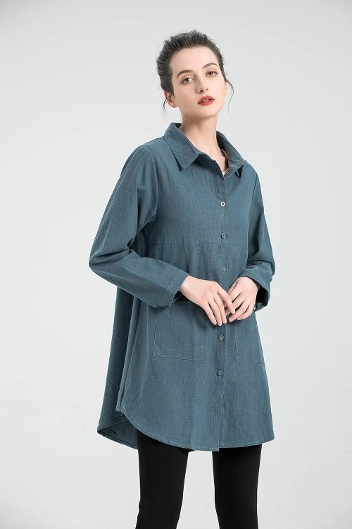 Women's Linen Shirts Button Down Long Tunic Tops Plus Size Blouse with Pockets