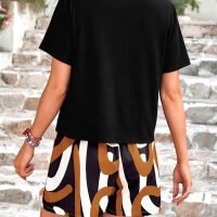 Womens 2 Piece Summer Short Sleeve Tops Printed Shorts Tracksuit