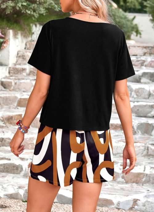 Womens 2 Piece Summer Short Sleeve Tops Printed Shorts Tracksuit