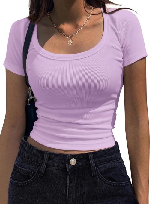 Women's Short Sleeve T Shirts Casual Summer Basic Scoop Neck Slim Fit Rib Knit Business Work Tee Tops