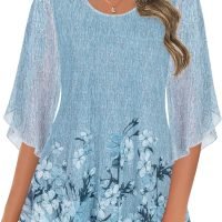 Women's Tops 3/4 Sleeve Blouses Dressy Casual Double Layers Mesh Tunic Shirts